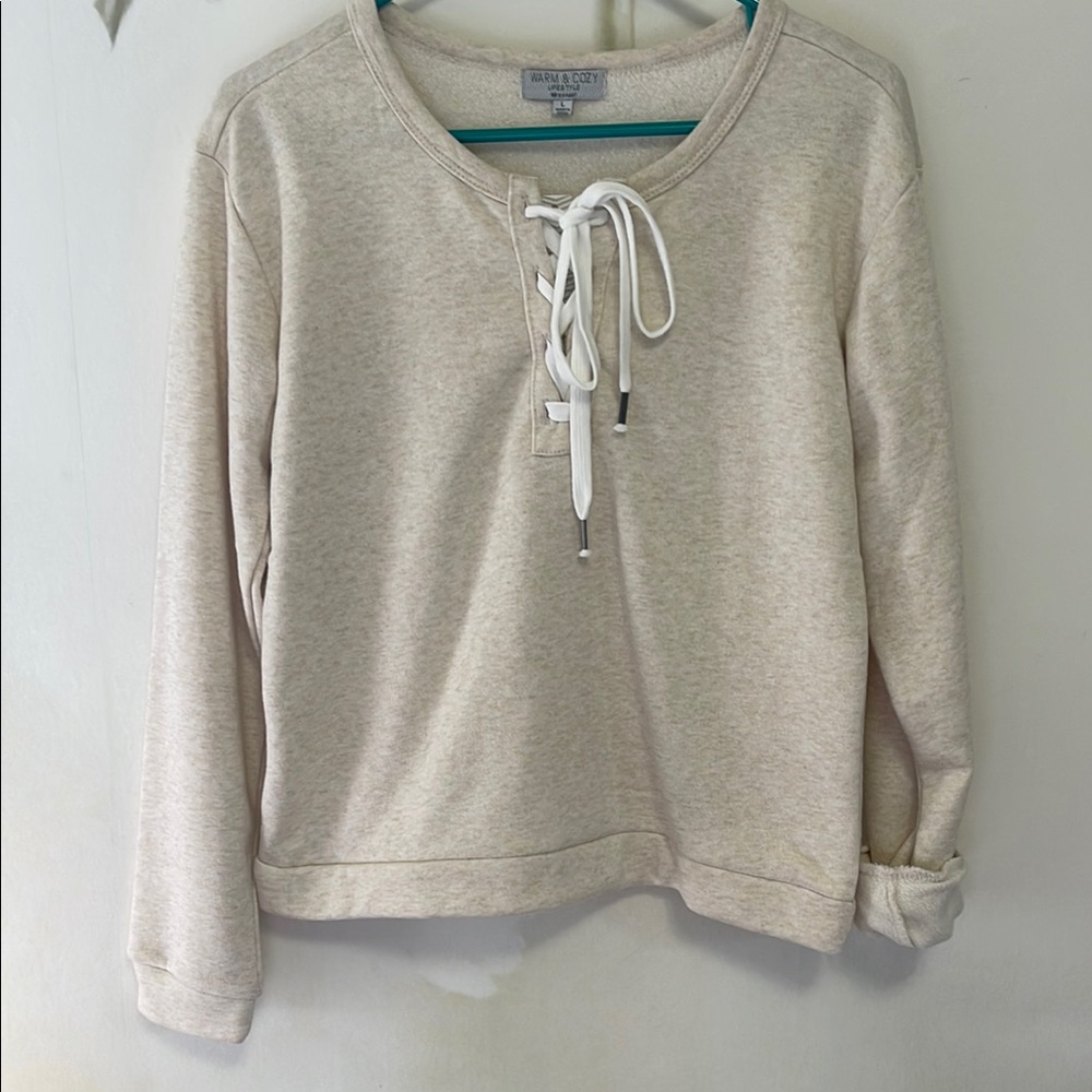 Warm & Cozy Lifestyle by Poof Tie Front Tan Sweatshirt